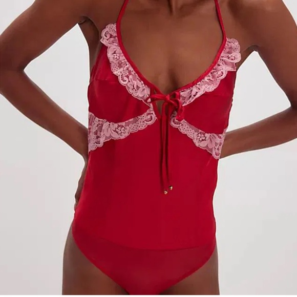 Free People Tops - Free People red lace bodysuit halter top